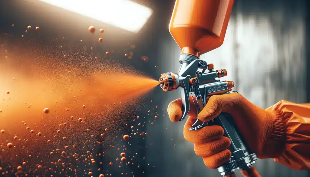 A person in Michigan pretreatment spraying paint with an orange spray gun for Powder Coating.